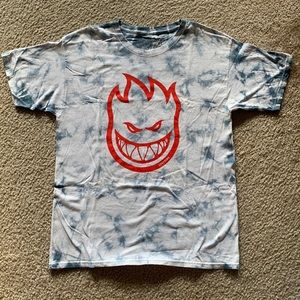 Spitfire White and Blue Tie-dye Tee with Printed Red Logo